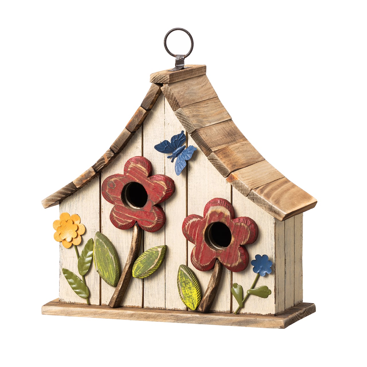 Glitzhome® 10.5" White Distressed Wood Birdhouse with Flowers